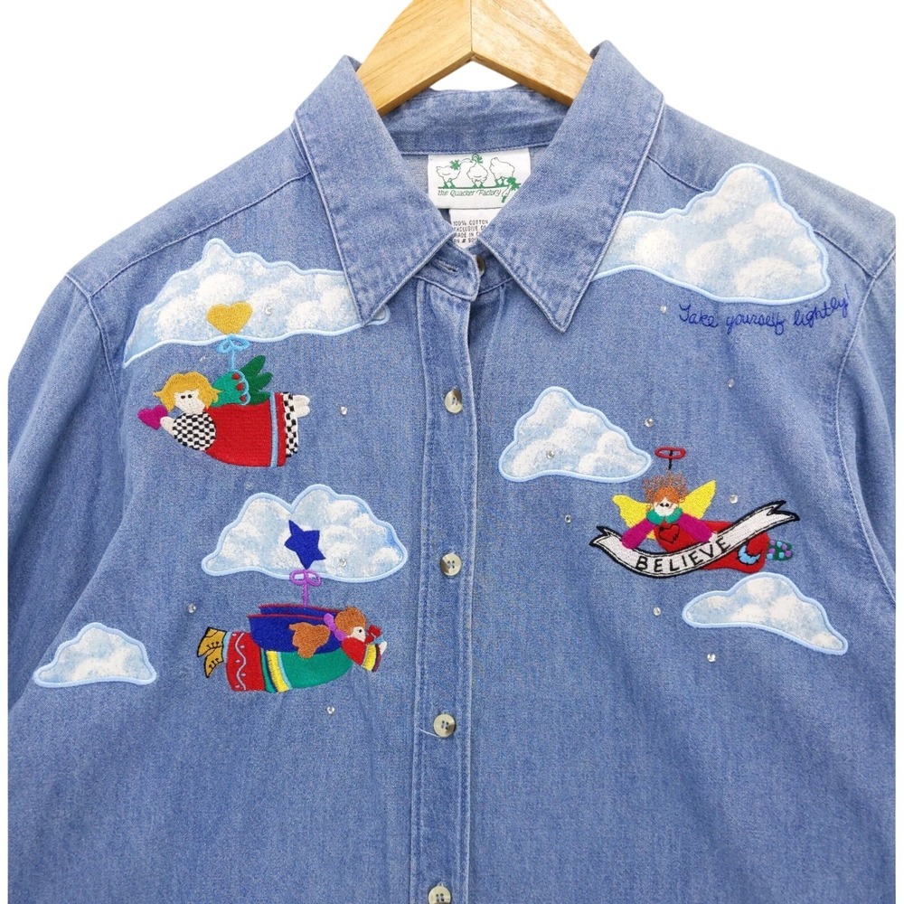 The Quacker Factory Chambray‎ Shirt Angels Believe Clouds Teacher Grandmacore M